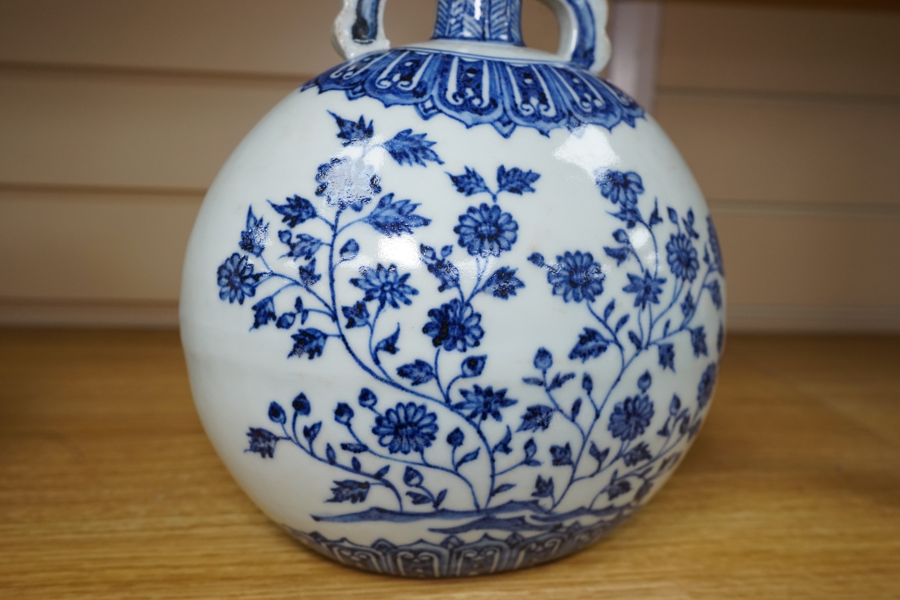 A Chinese blue and white moonflask, 26cm. Condition - good